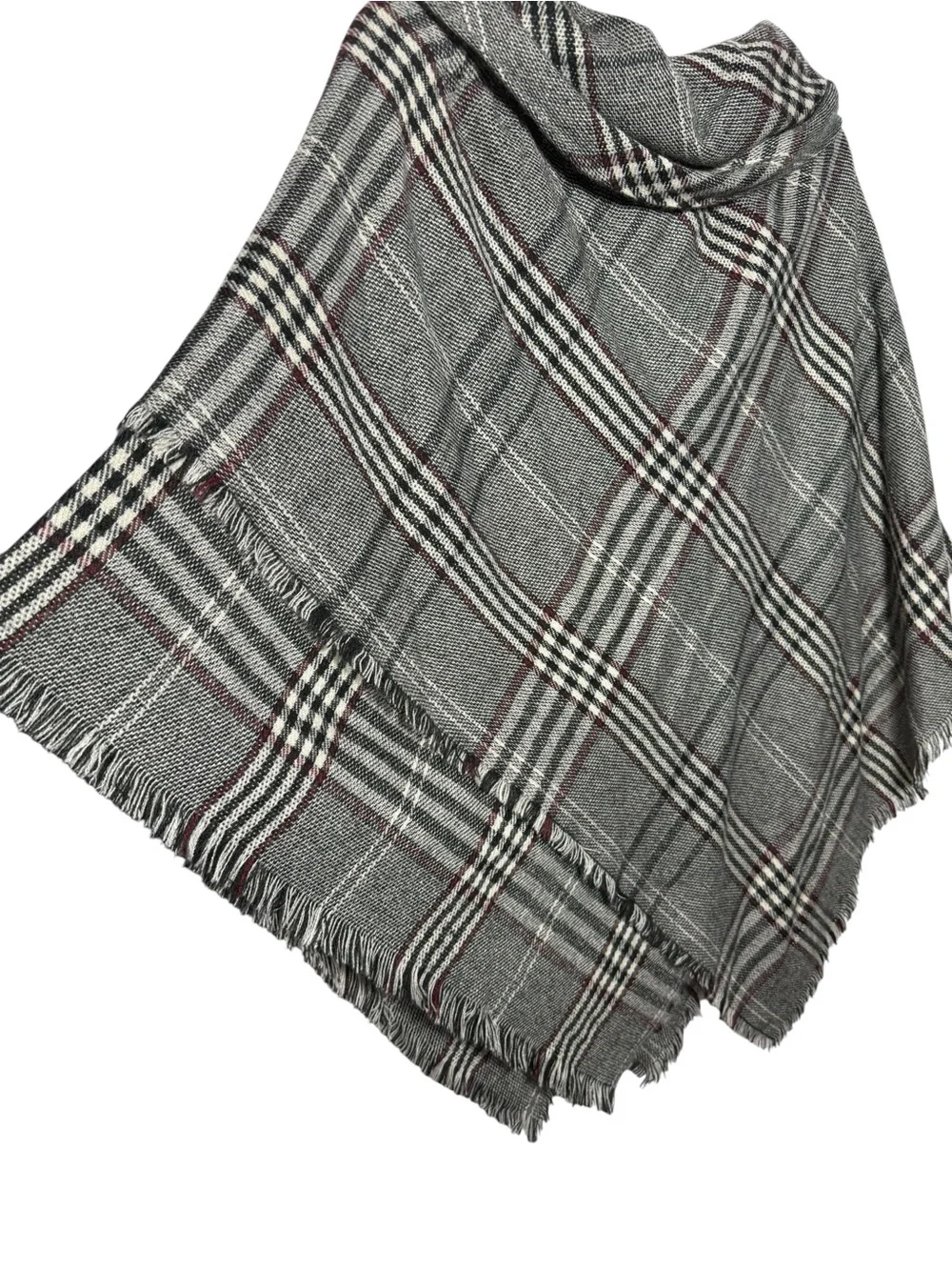 Modena Plaid Poncho Cape Shawl Fringe Cowl Neck Toggle Closure Gray One Size